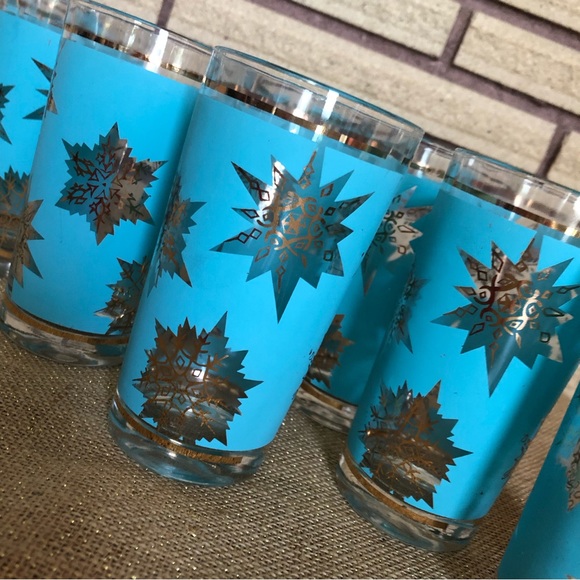 60's Aqua/Gold Starburst Glasses - 8 - Tumblers - Highballs - Barware -Glassware - Picture 4 of 14
